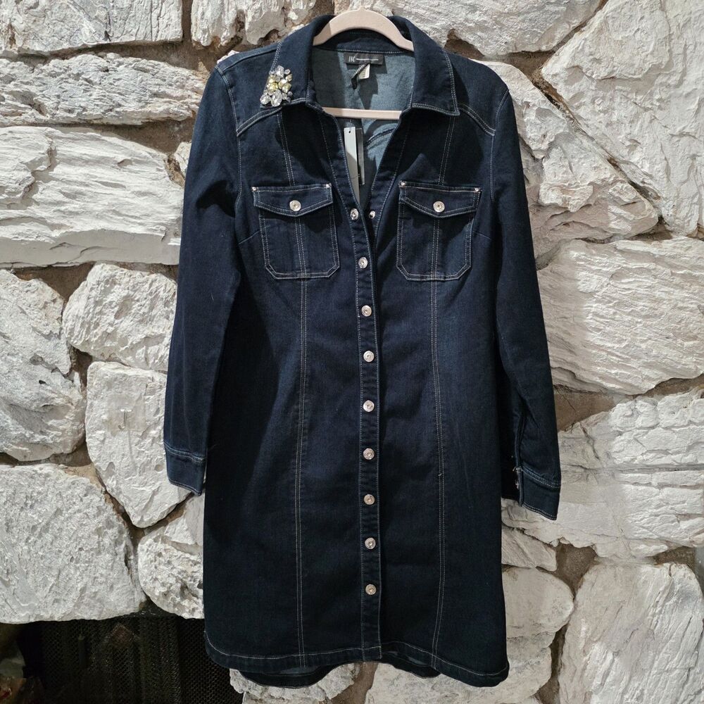 INC Denim Blue Dress Long Sleeve Duster Buttons Jeweled Womens SZ 12 Y2K Style